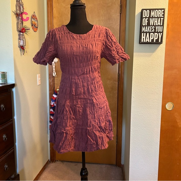 Loveriche mauve short sleeve crinkle midi dress size S boho casual summer - Picture 1 of 12